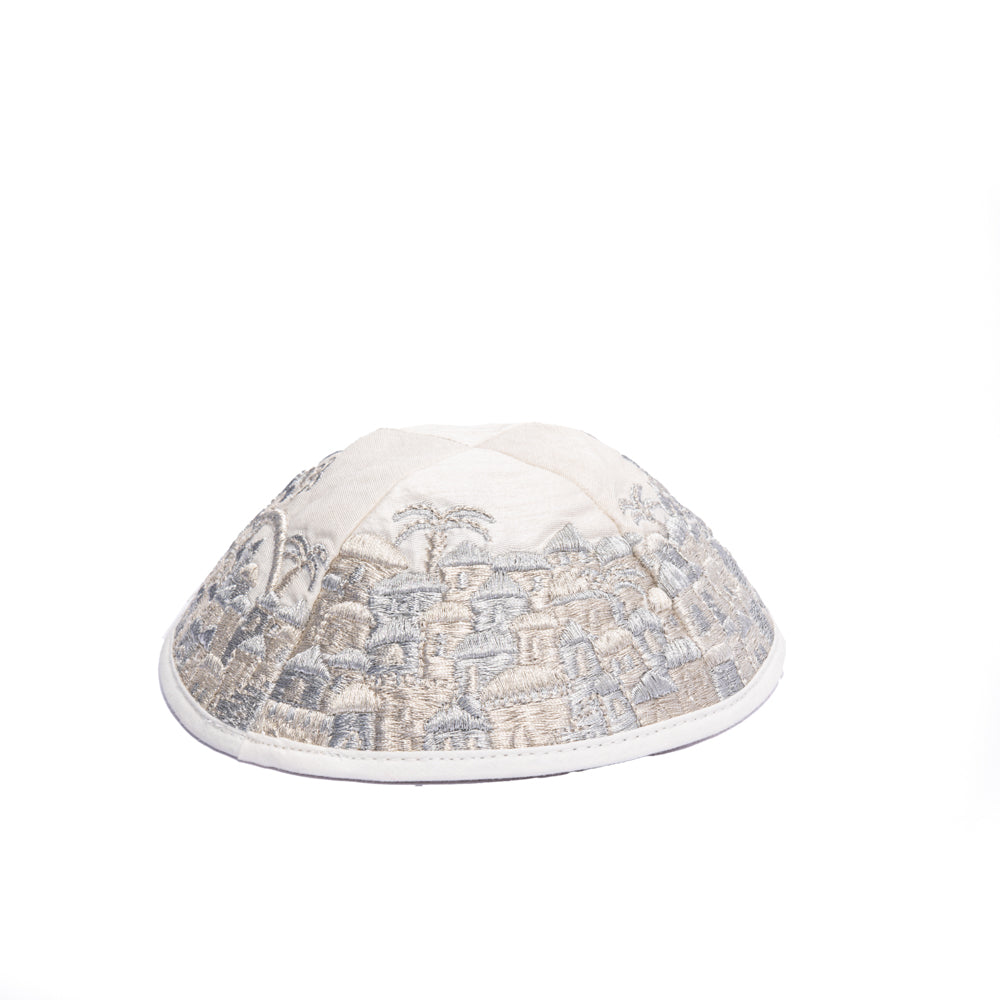 Premium Embroidered Kippah - Jerusalem - Silver