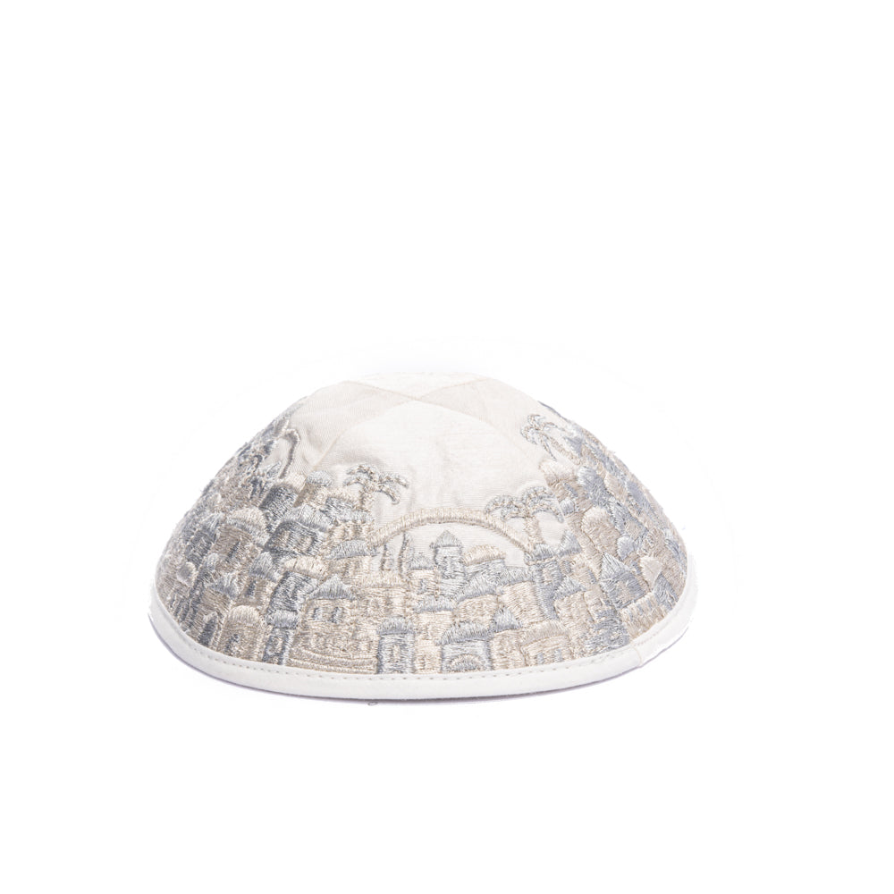 Premium Embroidered Kippah - Jerusalem - Silver