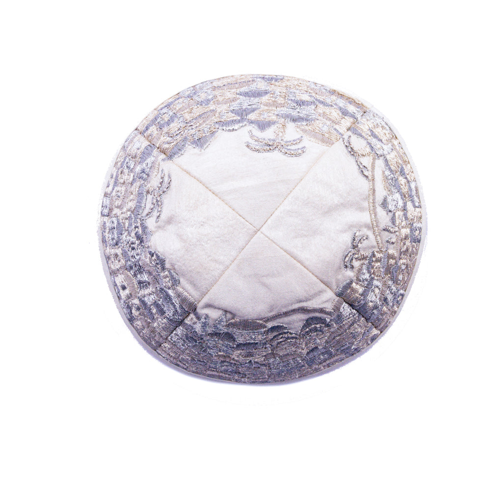 Premium Embroidered Kippah - Jerusalem - Silver