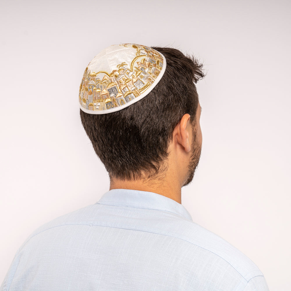 Premium Embroidered Kippah - Jerusalem Gold