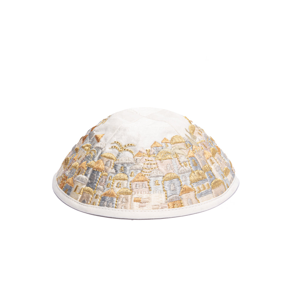 Premium Embroidered Kippah - Jerusalem Gold