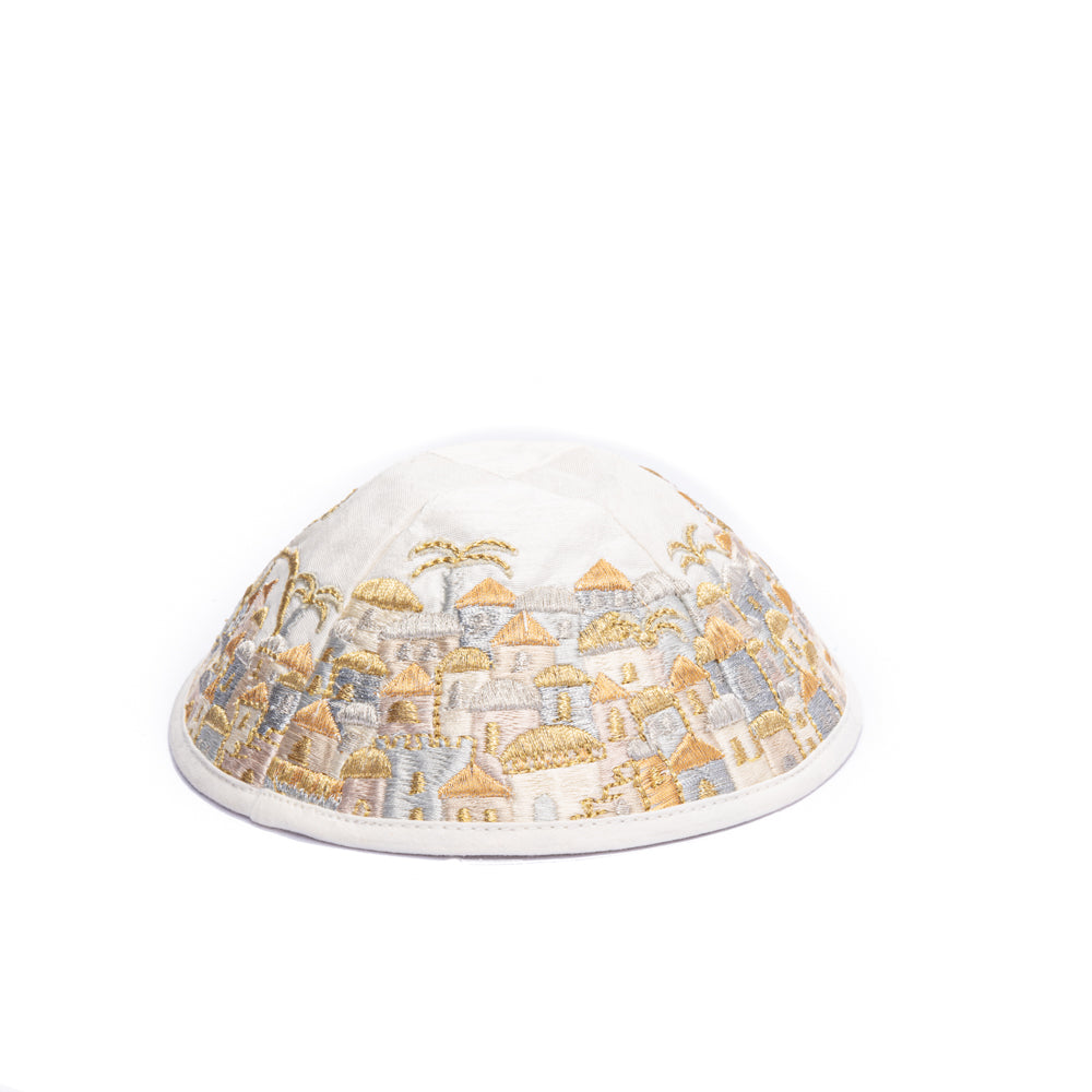 Premium Embroidered Kippah - Jerusalem Gold