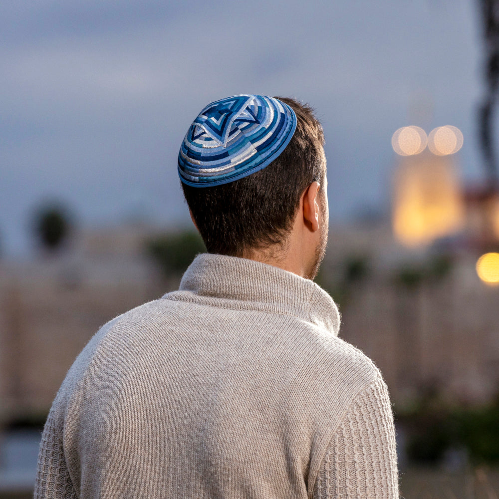 Embroidered Kippah -Blue Mosaic Star of David