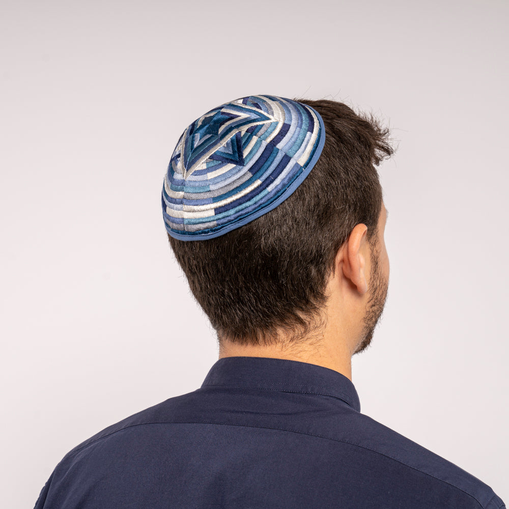 Embroidered Kippah -Blue Mosaic Star of David