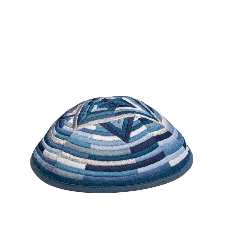 Embroidered Kippah -Blue Mosaic Star of David