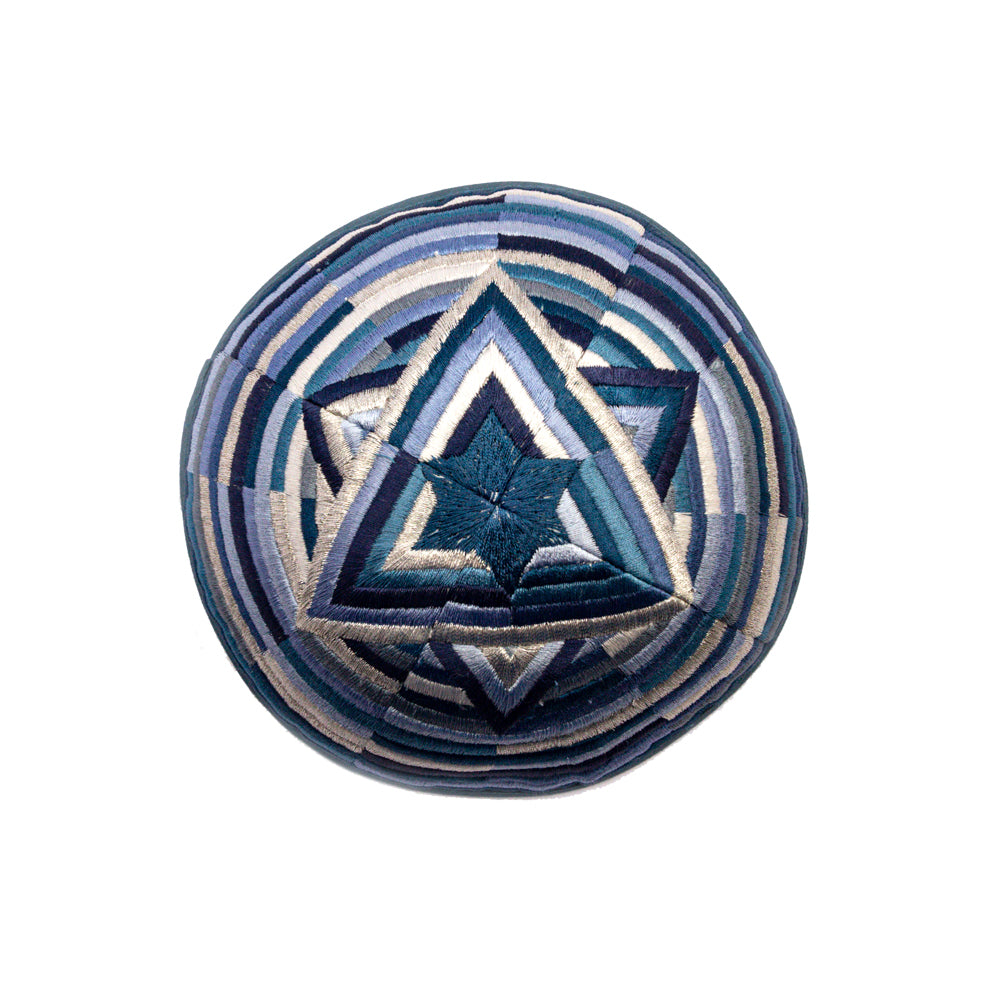 Embroidered Kippah -Blue Mosaic Star of David