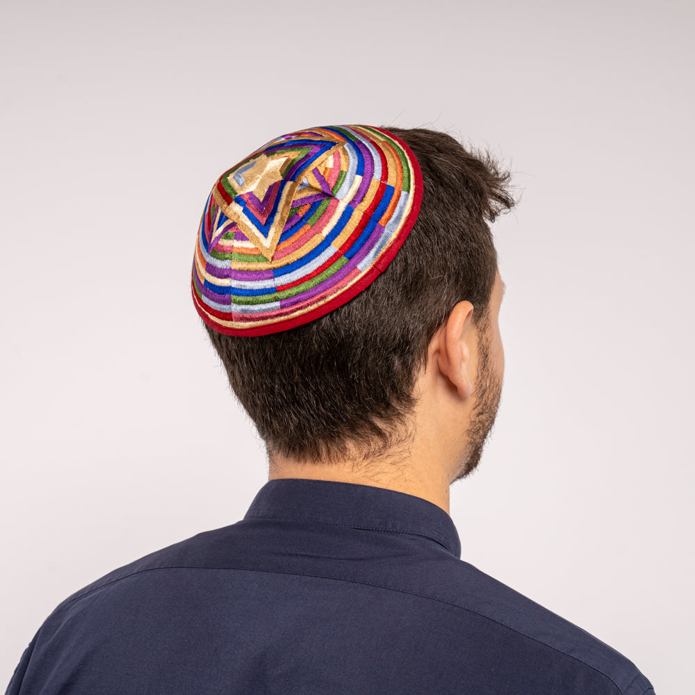 Embroidered Kippah - Mosaic Star of David - Multicolored