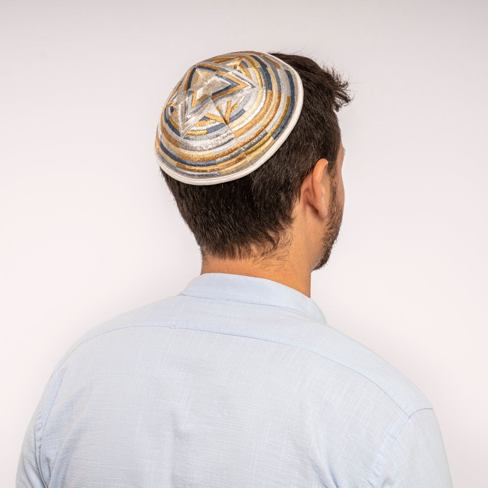 Embroidered Kippah - Mosaic Star of David Gold