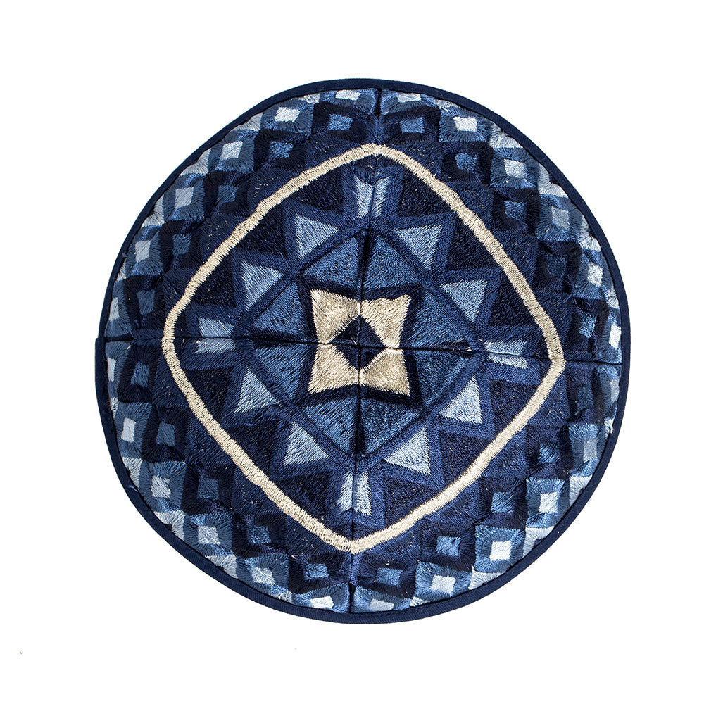 Premium Embroidered Kippah - Blue Mosaic
