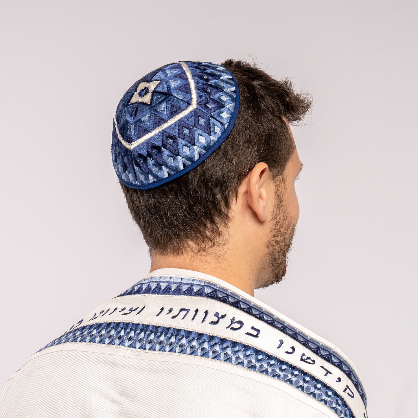 Premium Embroidered Kippah - Blue Mosaic
