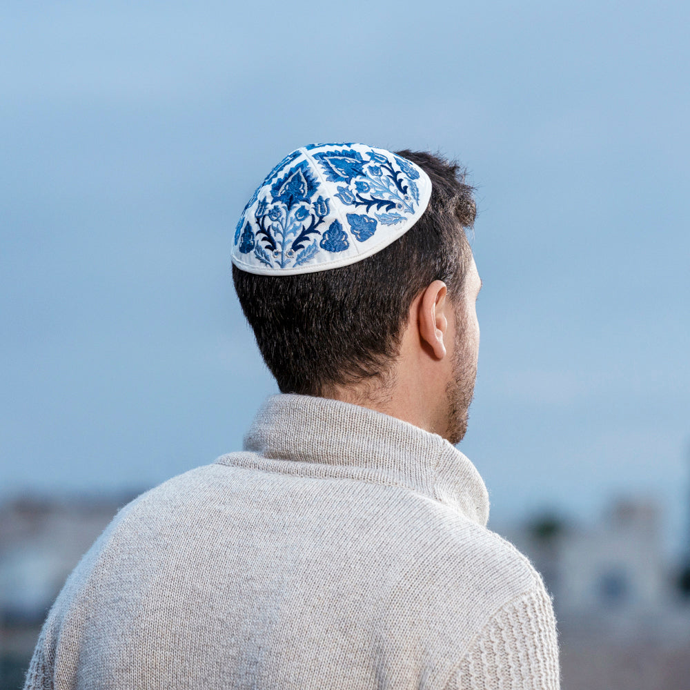 Premium Embroidered Kippah - Blue Oriental