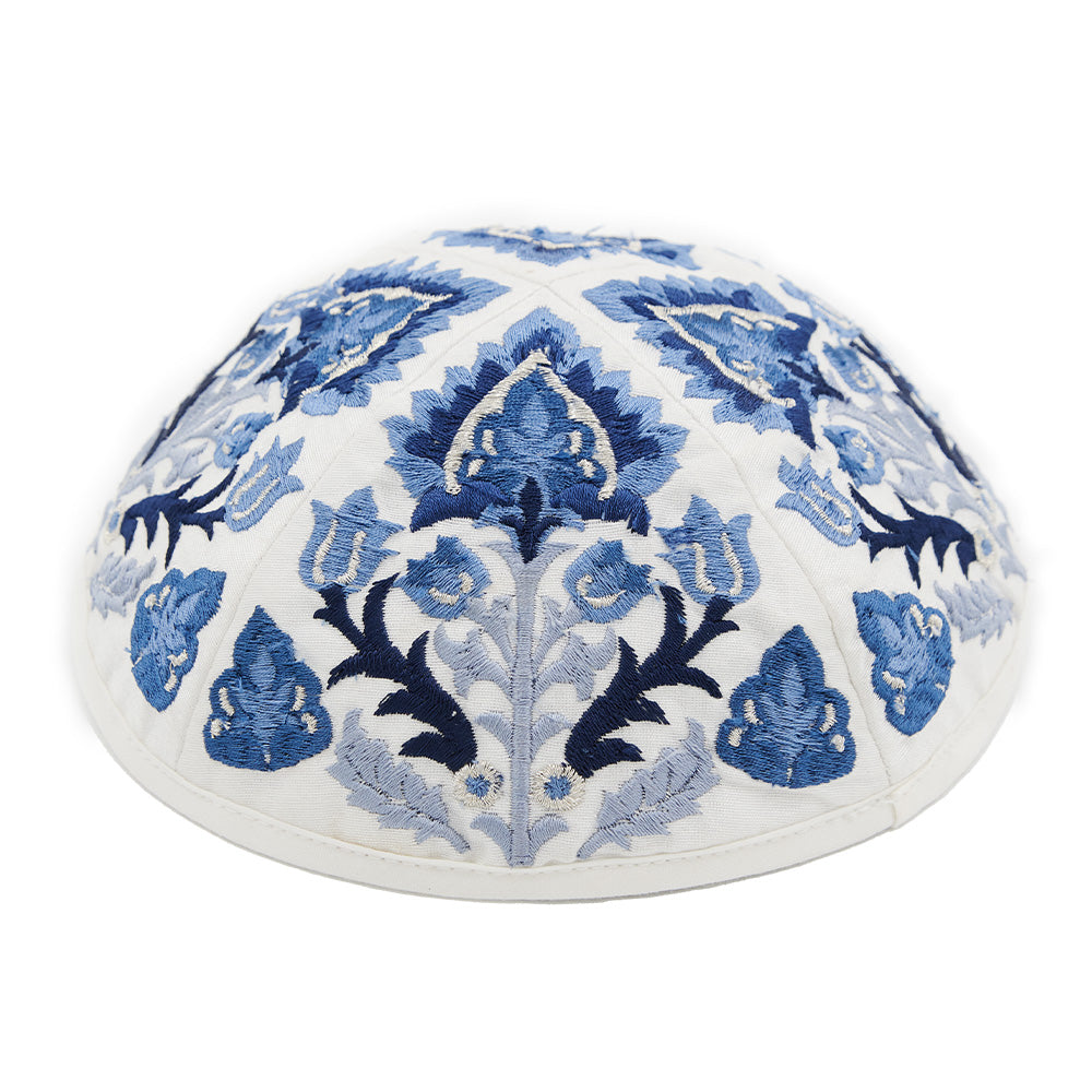 Premium Embroidered Kippah - Blue Oriental
