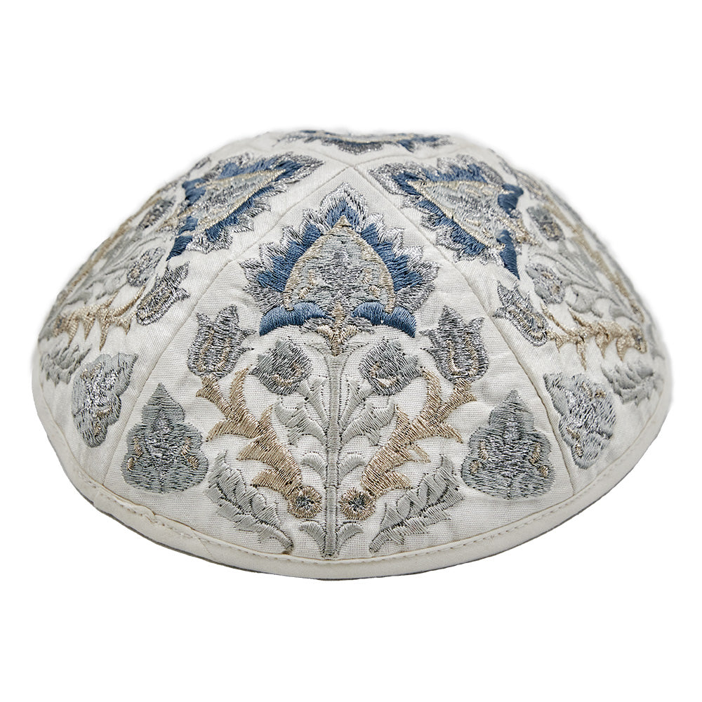Premium Embroidered Kippah - Oriental Silver