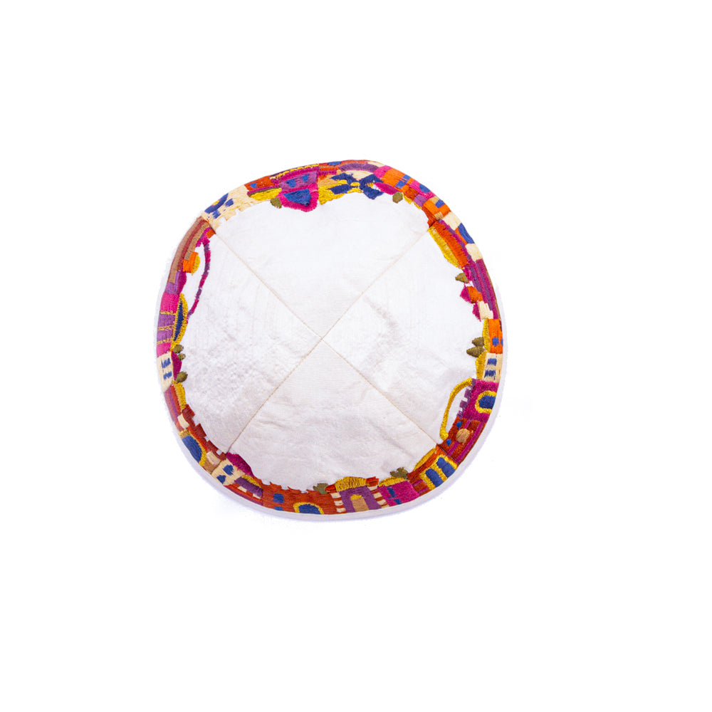 Embroidered Kippah - Jerusalem White