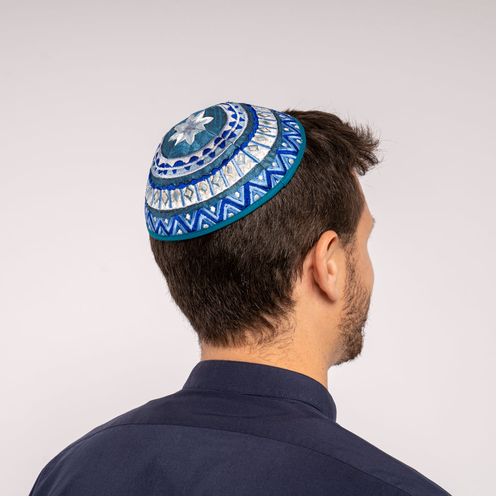 Embroidered Kippah - Mosaic Motifs Blue