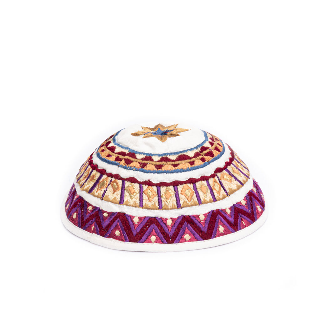 Embroidered Kippah - Mosaic Motifs Red