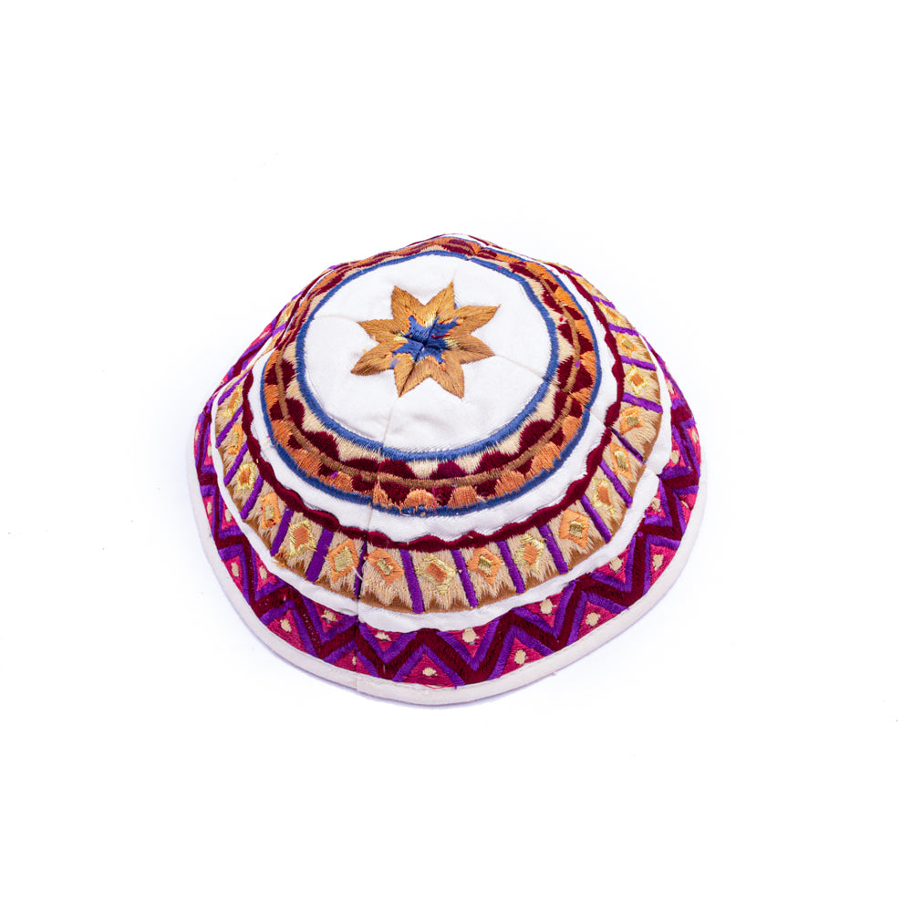 Embroidered Kippah - Mosaic Motifs Red