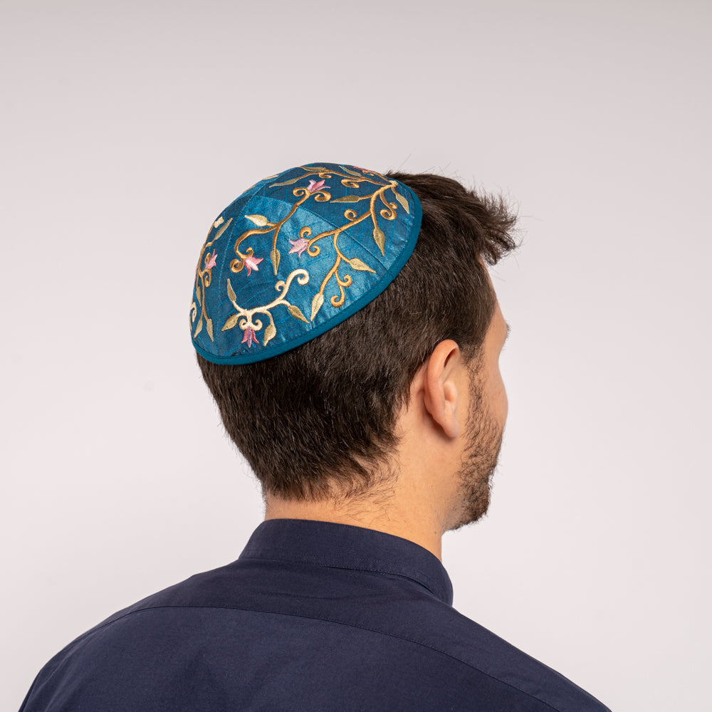 Embroidered Kippah - Flower Vine Embroidery