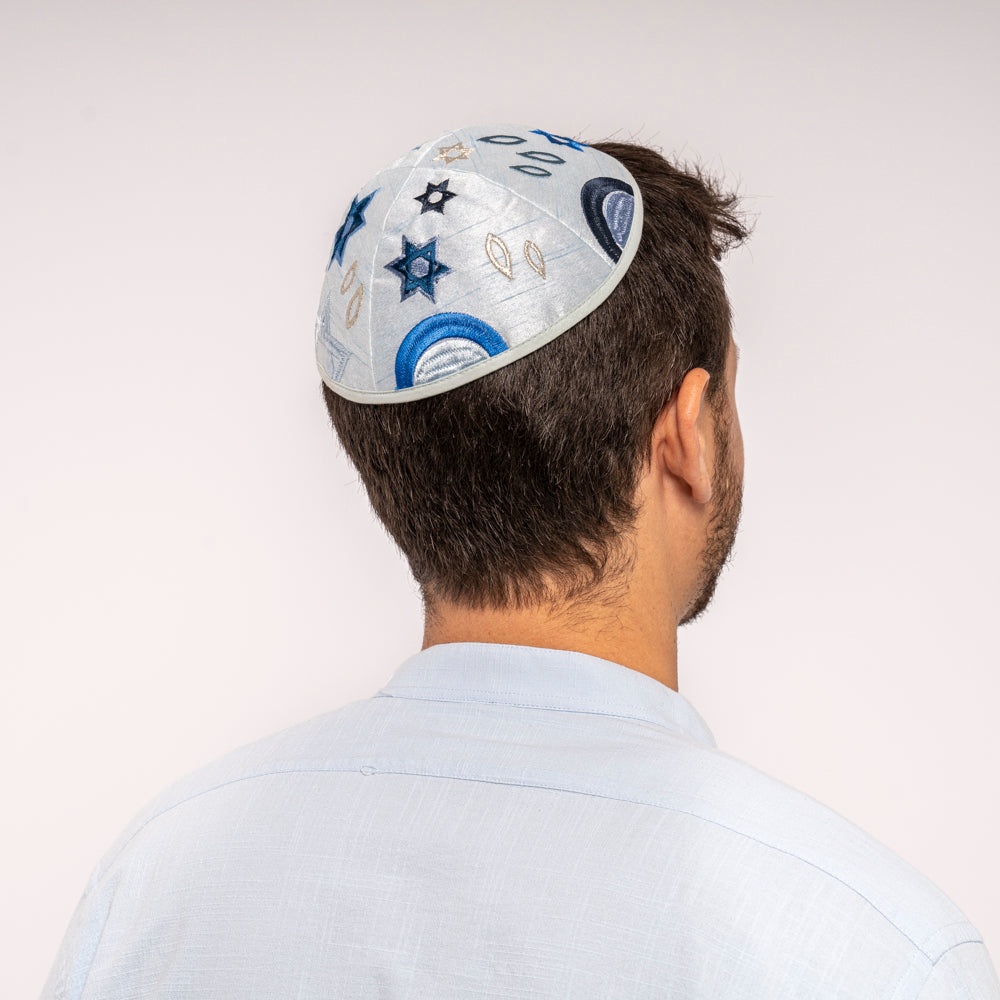 Embroidered Kippah - Hannukah Menorahs Blue