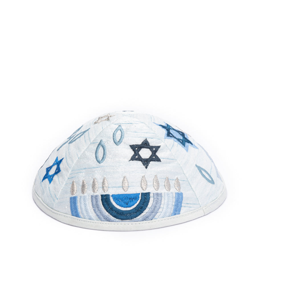 Embroidered Kippah - Hannukah Menorahs Blue