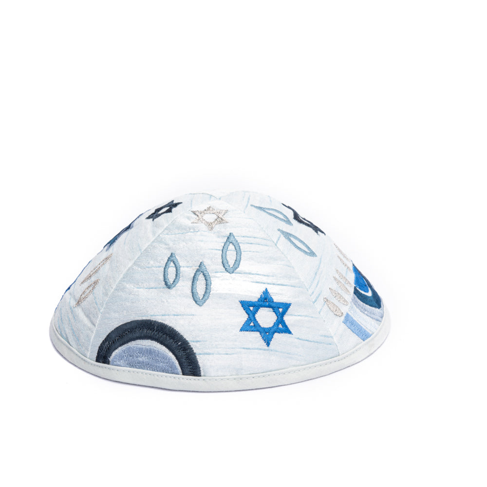 Embroidered Kippah - Hannukah Menorahs Blue