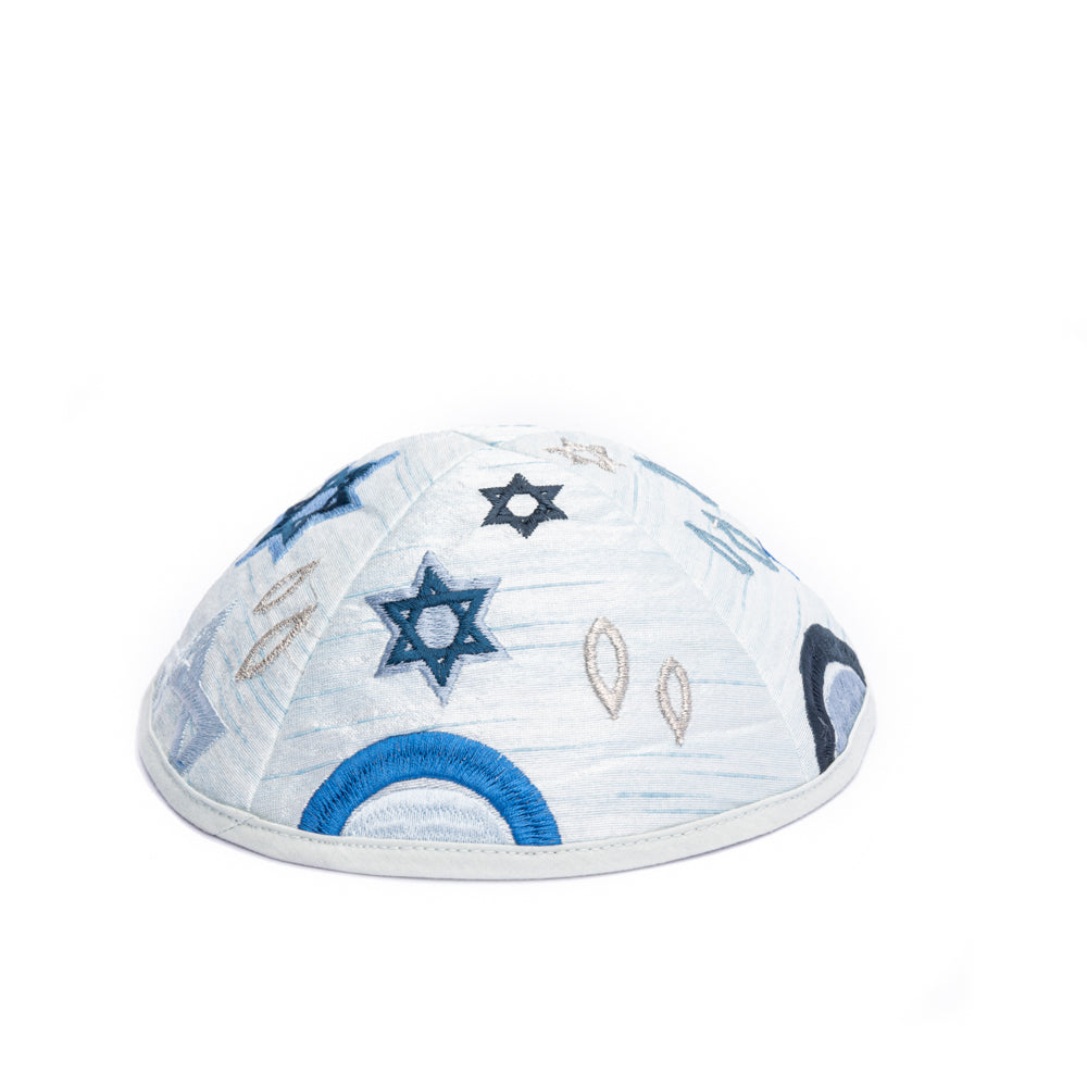 Embroidered Kippah - Hannukah Menorahs Blue