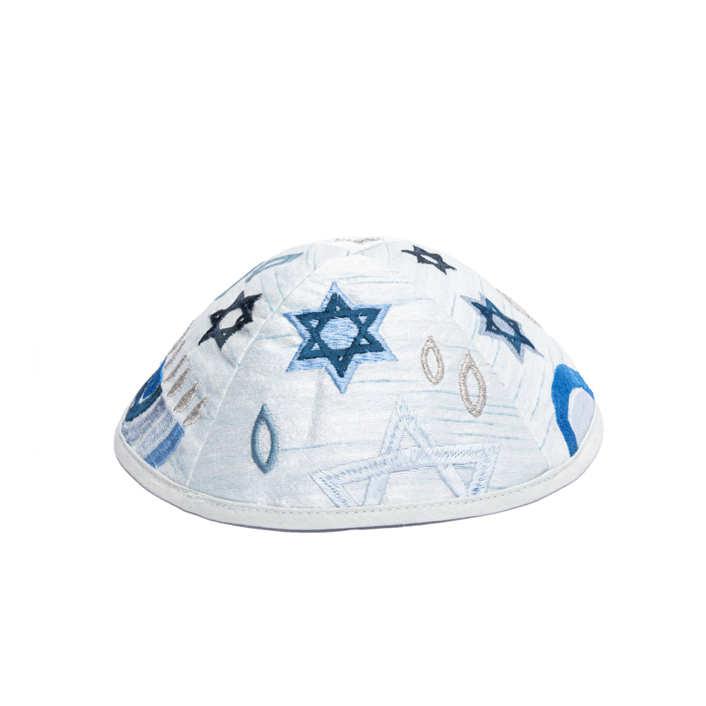 Embroidered Kippah - Hannukah Menorahs Blue