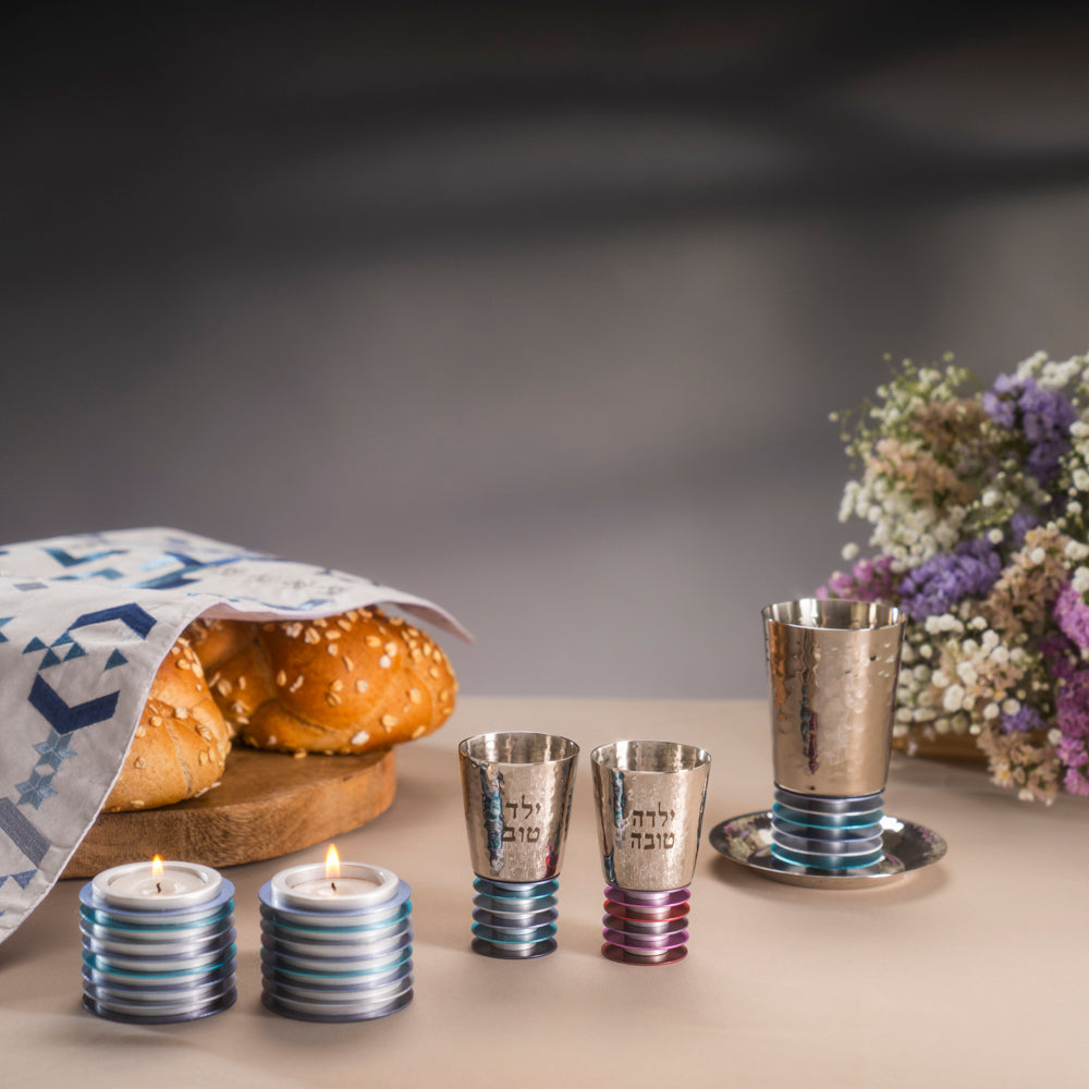 Small Hammered Aluminum Kiddush Cups with Engraved 'Yeled Tov' and 'Yalda Tova'