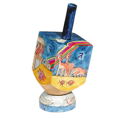 Hand Painted Wood Dreidel with Stand, Noah's Ark, Shin