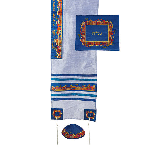 Embroidered Tallit Set, Jerusalem Light Blue