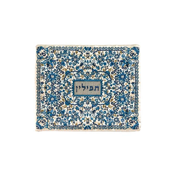 Embroidered Silk Tefillin Bag, Floral Blue