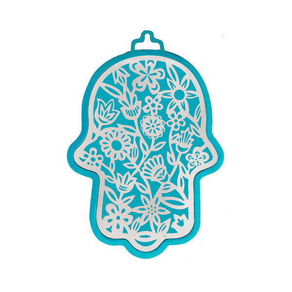 Turquoise Metal Hamsa, Silver Flower Cutout, 3"
