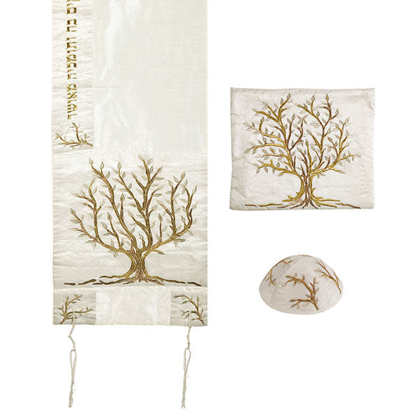 Embroidered Tallit Set, Tree of Life, Silver