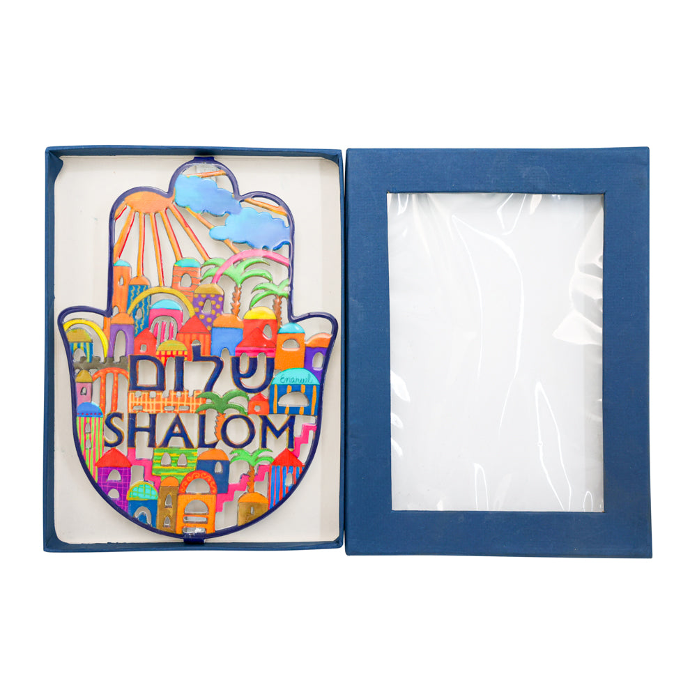 Large Metal Hamsa Wall Hanging, Jerusalem Shalom, 9"