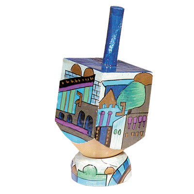 Hand Painted Wood Dreidel with Stand, Jerusalem Blue Shin