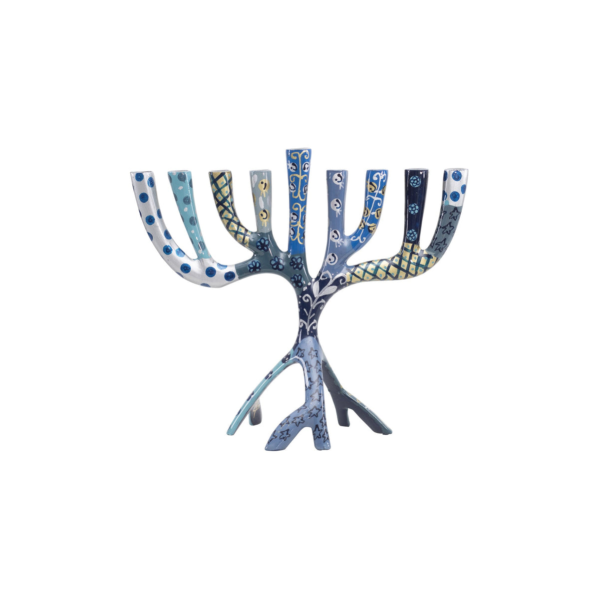 Hand Painted Metal Menorah, Blue Tree of Life