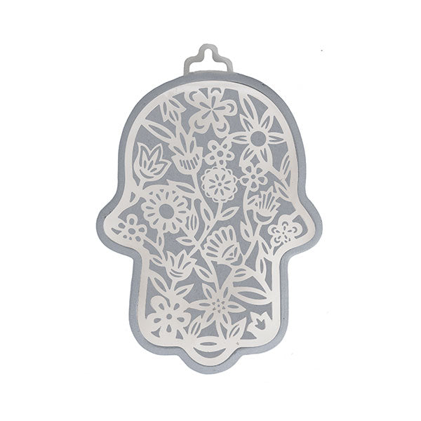 Small Metal Cutout Hamsa, Silver and Gray Floral, 3"