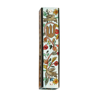 Hand Painted Wood Mezuzah, Birds, 5"