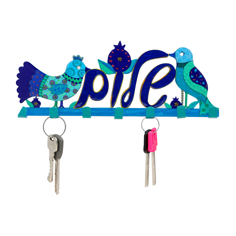 Laser Cut Metal Key Holder, Shalom Birds Blue