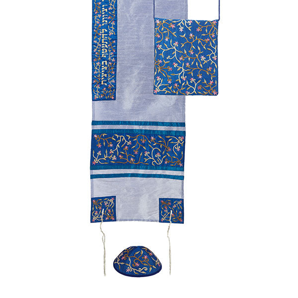Embroidered Tallit Set, Floral Light Blue