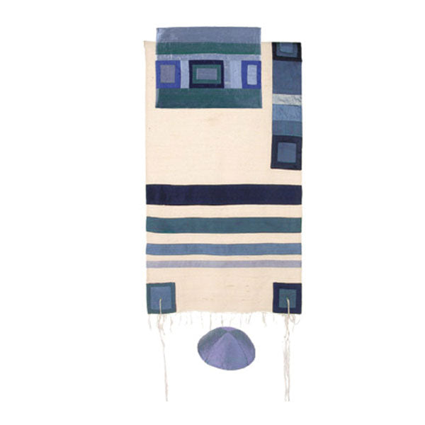 Raw Silk Tallit, Blue Geometric Stripes