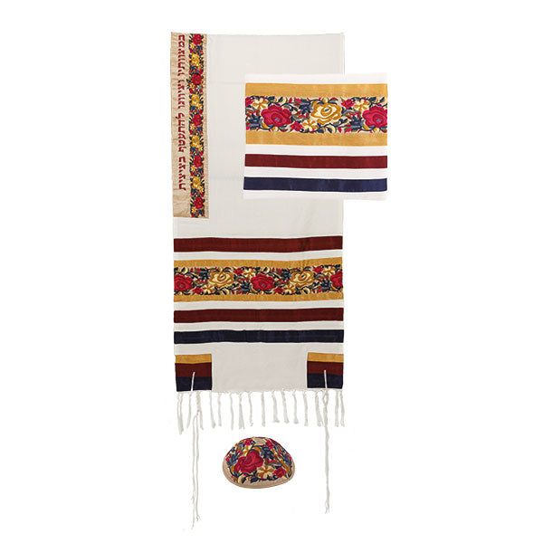 Floral Embroidered Tallit Set, Cotton Silk Blend, 20.5"