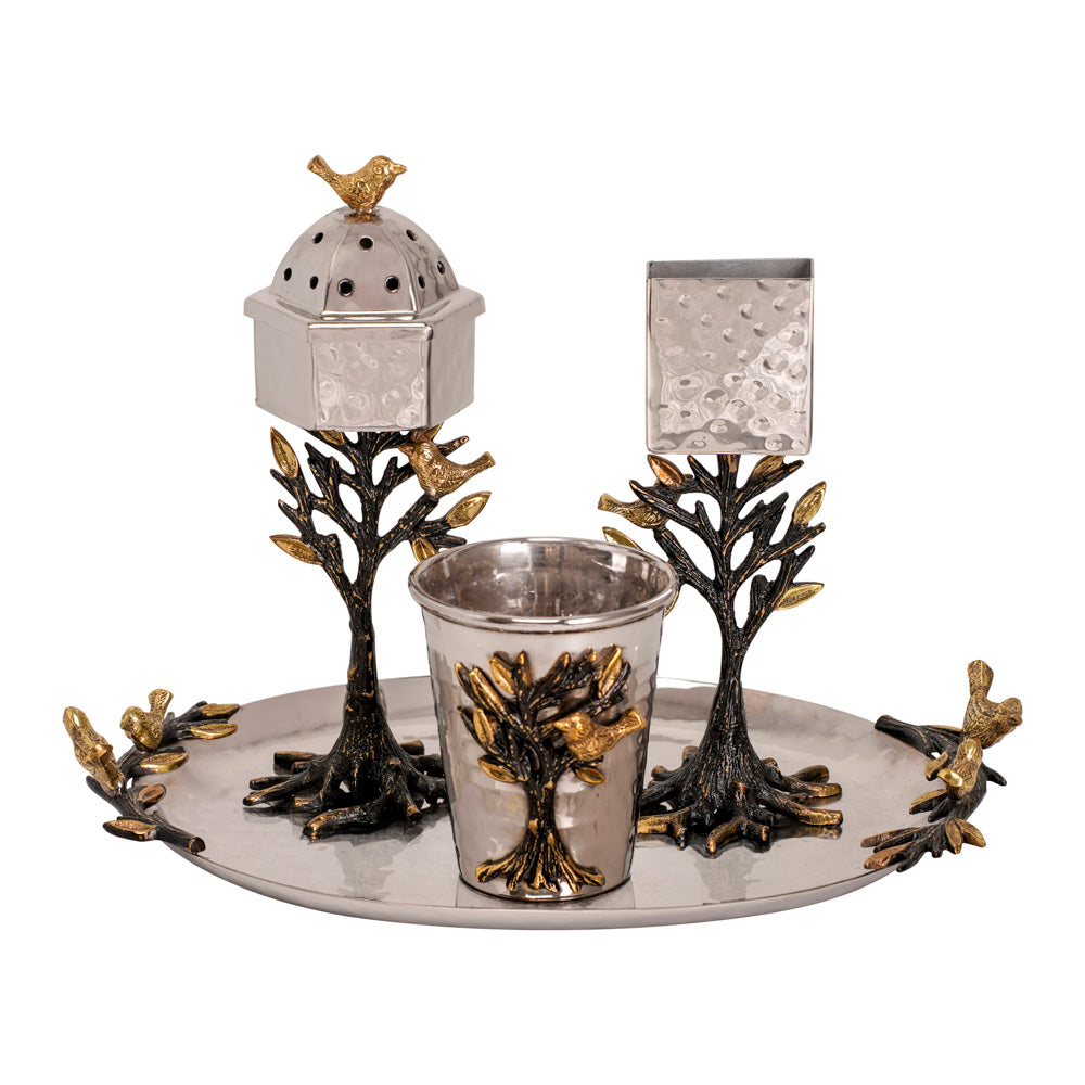 Tree of Life Havdalah Set, Hammered Steel, Brass Accents