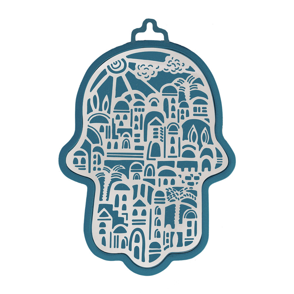 Large Blue and Silver Metal Cutout Hamsa, Jerusalem, 6.5"