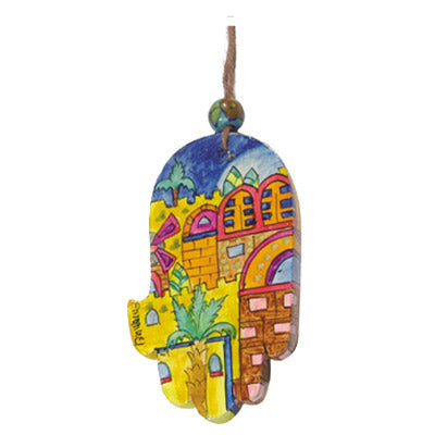 Hand Painted Wood Hamsa, Jerusalem, 3.5"