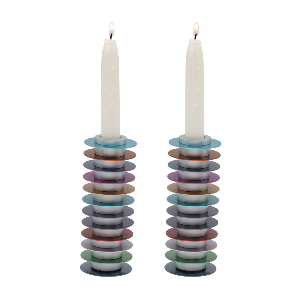 Modern Anodized Aluminum Candlesticks, Multicolor Discs