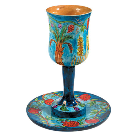 Hand Painted Wood Kiddush Cup and Plate, Large