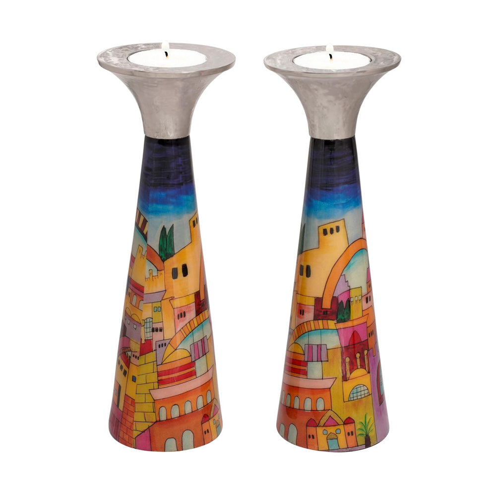 Neema Enamel Metal Candlesticks, Jerusalem, 8.5"