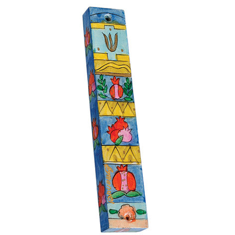 Hand Painted Wood Mezuzah Case, Pomegranate