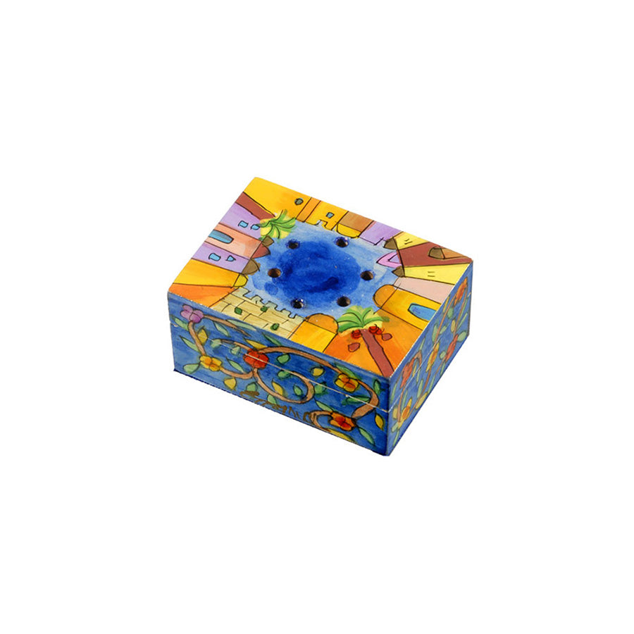 Hand Painted Wood Spice Box, Jerusalem and Flowers